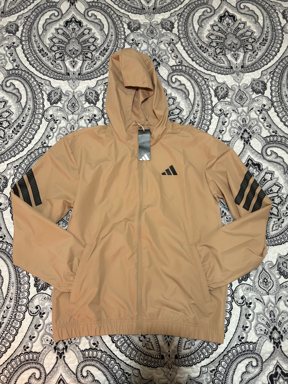 adidas Beige Hooded Windbreaker with Black Stripe Accents